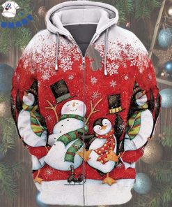 Dancing Snowman And Penguin Bring A Hat Christmas 3D Zip Hoodie