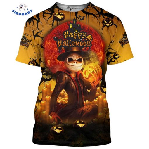 Jack Skeleton Holding Pumpkin Happy Halloween 3D Shirt