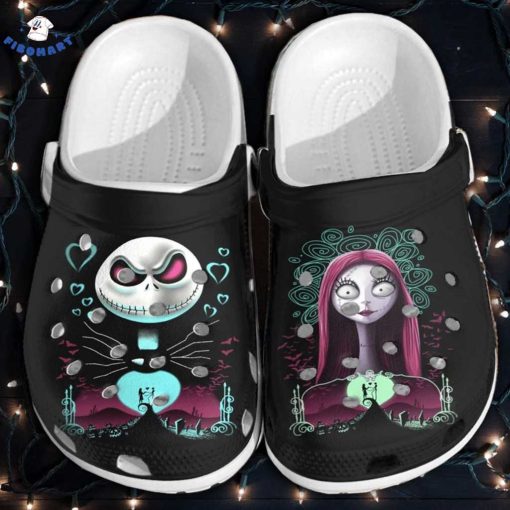 Jack and Sally Love At Spiral Hill Halloween Crocs, Blue Heart and Bloody Bat Black Crocs