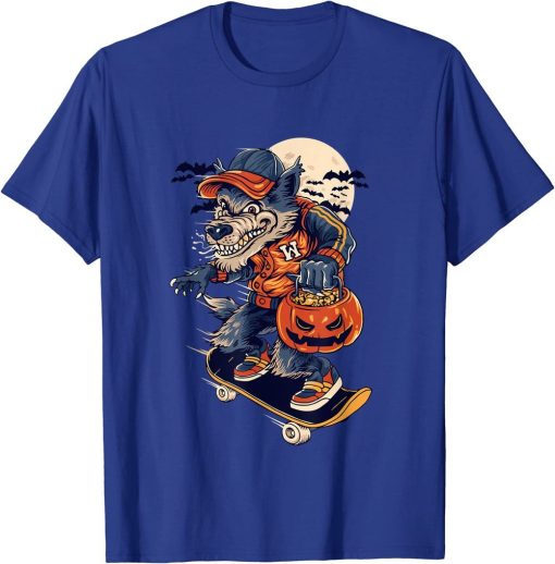 Retro Vintage Skater Skateboarding Wolf Halloween Pumpkin T-Shirt