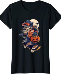 Retro Vintage Skater Skateboarding Wolf Halloween Pumpkin T Shirt 2