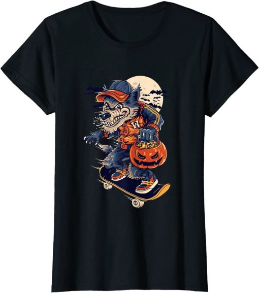 Retro Vintage Skater Skateboarding Wolf Halloween Pumpkin T-Shirt