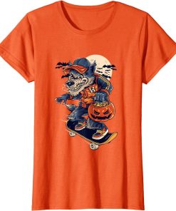 Retro Vintage Skater Skateboarding Wolf Halloween Pumpkin T Shirt 3