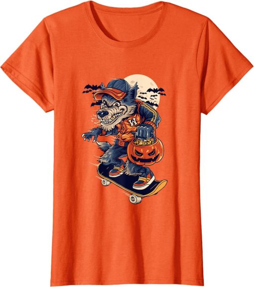 Retro Vintage Skater Skateboarding Wolf Halloween Pumpkin T-Shirt