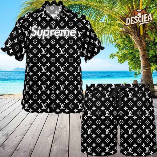 Louis Vuitton Supreme White Logo Black Hawaii Set For Men