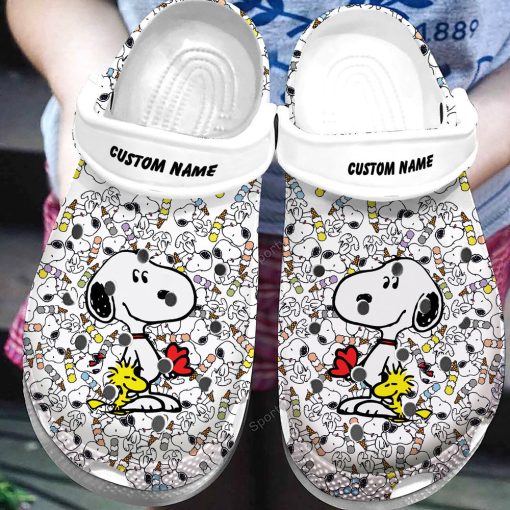 Deschea  Custom Name Snoopy White Clogs Shoes