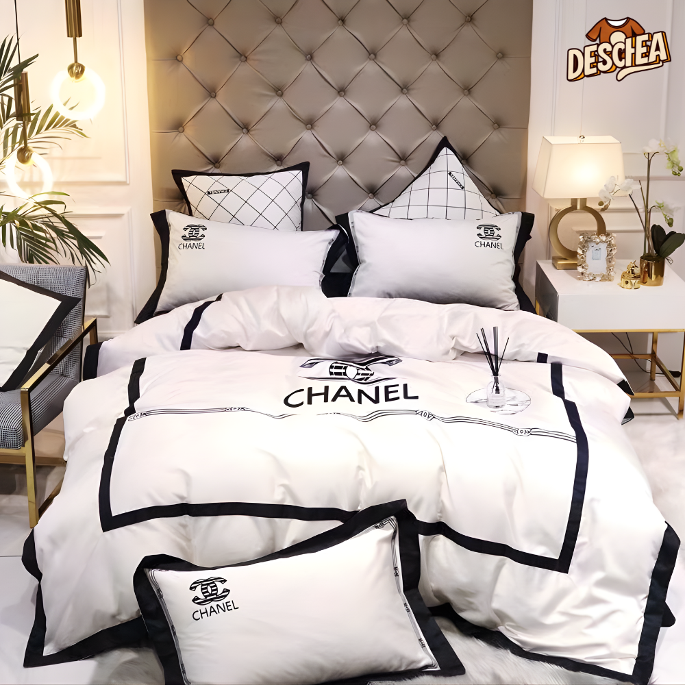 Chanel Logo White And Black Bedding Set