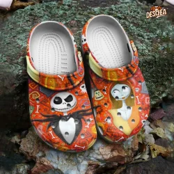 Funny Jack and Sally Halloween Crocs, Zero Oogie Boogie Bone Skull Icon Patterns Orange Color Crocs
