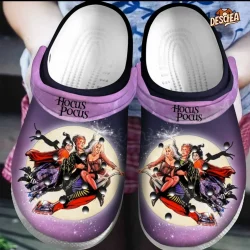 Hocus Pocus Sanderson Sisters And Black Cat Halloween Crocs, Flying By Vacuum Cleaner Broom On Purple Sky