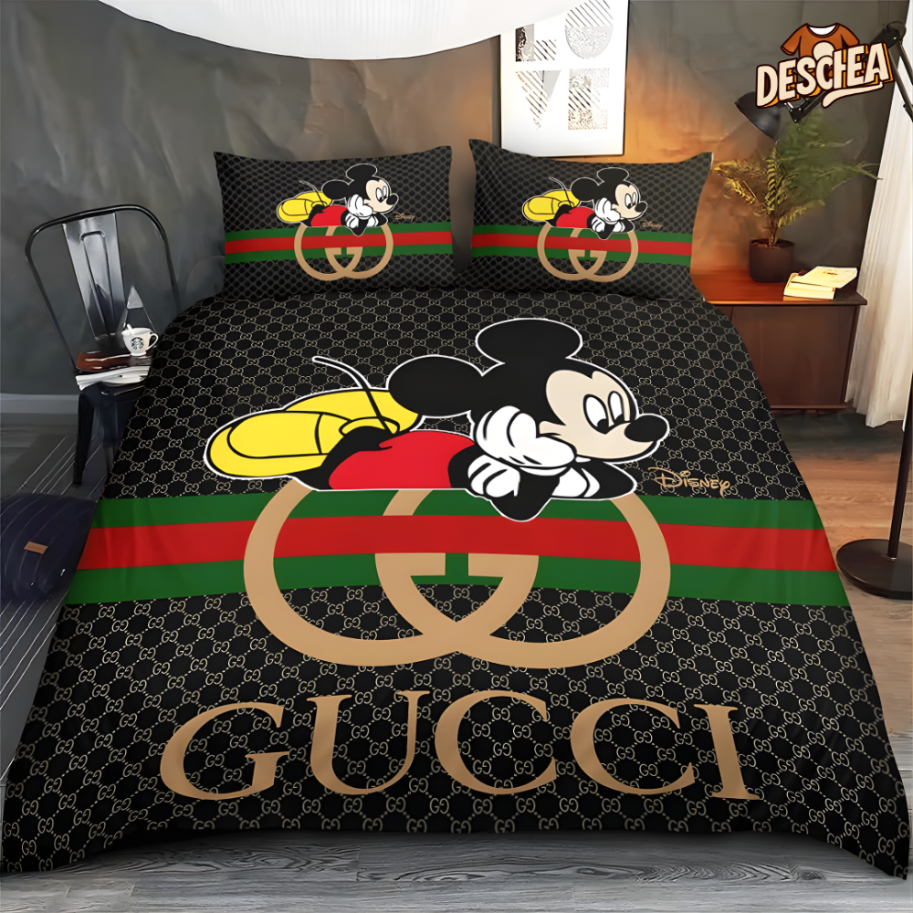 Mickey Mouse Gucci Logo Fashion Brands Bed Sheets Spread Comforter Duvet Cover Bedding Sets