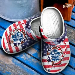 Pabst Blue Ribbon Logo Smash American Flag Crocs