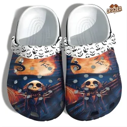 Retro Creepy Jack Skeleton Halloween Crocs, Full Moon Bat And Pumpkin Crocs