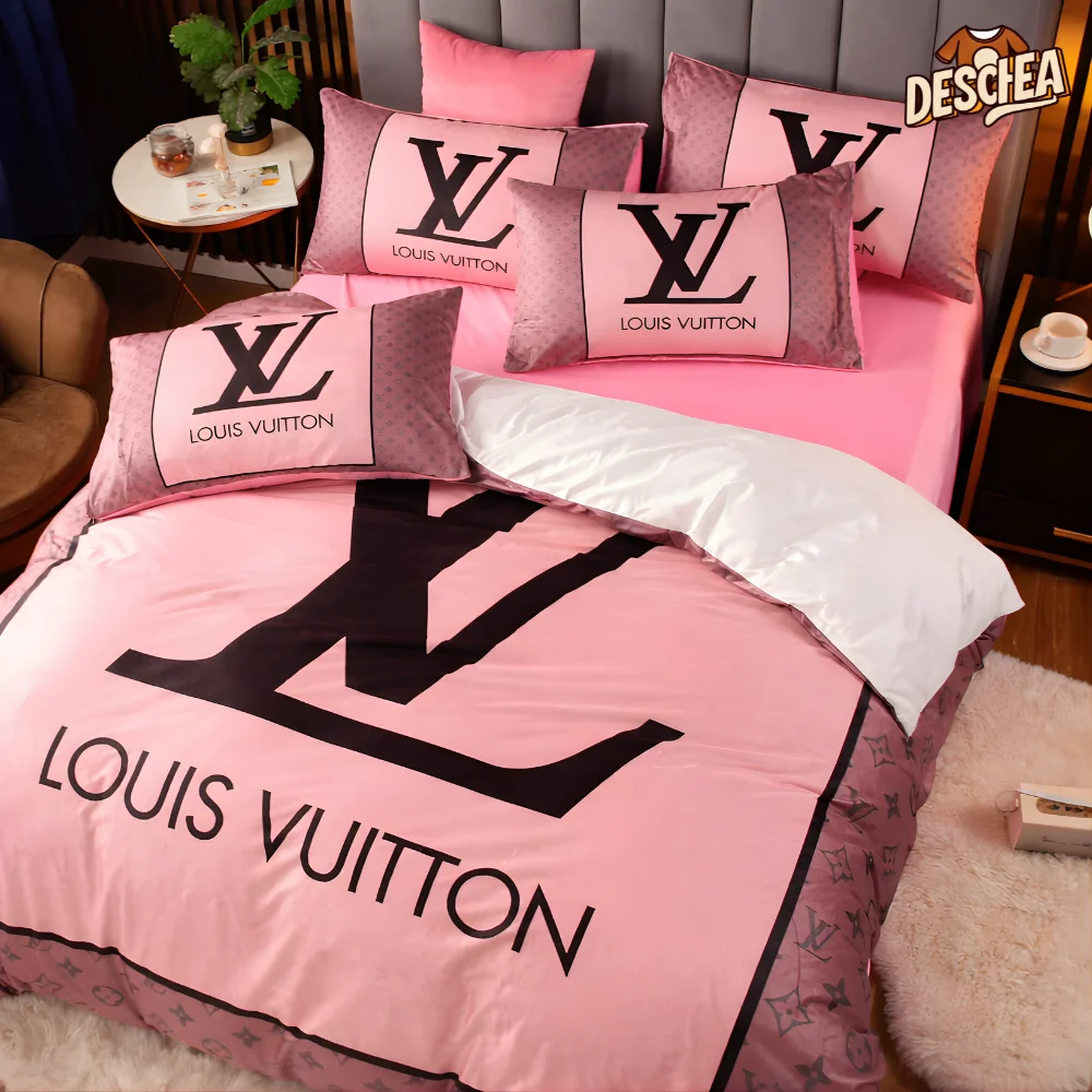 Louis Vuitton Pink Fashion Logo Luxury Brand Bedding Sets, For Home Bedding Sets
