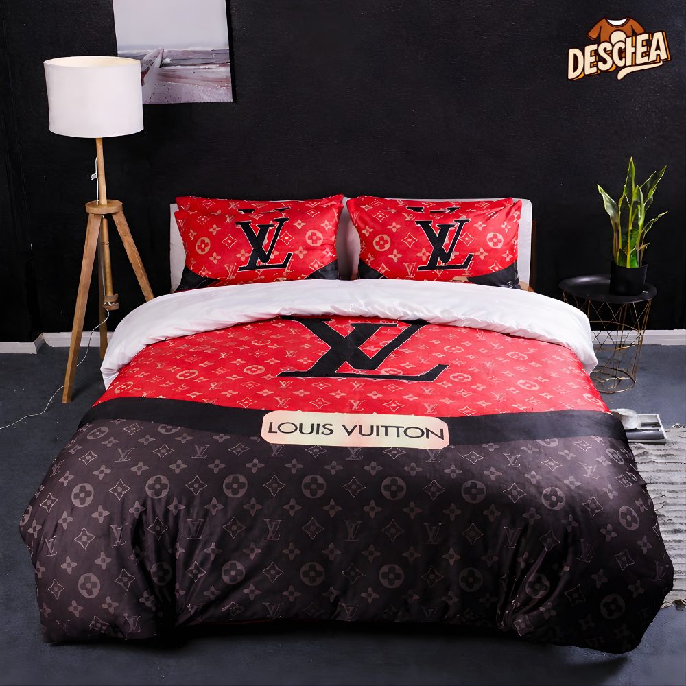 Luxury Louis Vuitton Black And Red Monogram Bedding Set