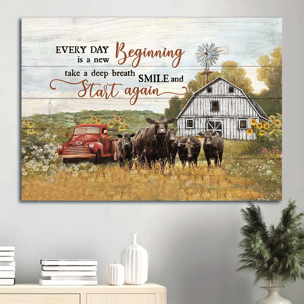 Aberdeen Angus Canvas Sunflower Car Tranquil Farm Every Day Is A New Beginning Canvas Wall Art – Christian Wall Decor