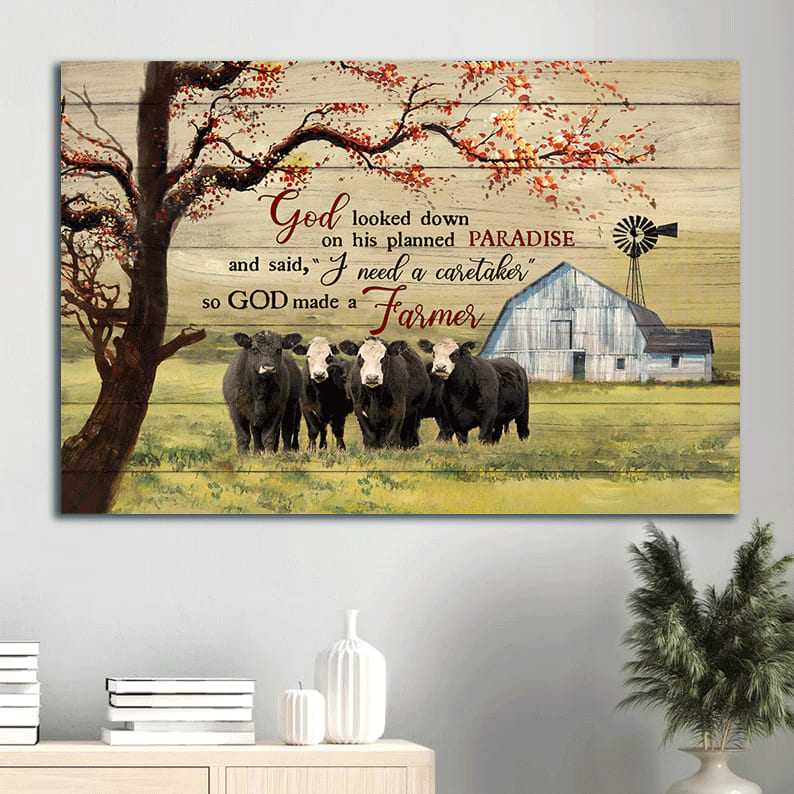 Aberdeen Angus Canvas Tranquil Farm Under The Tree Spring Grass Field God Looked Down On His Planned Paradise Canvas Wall Art – Christian Wall Decor