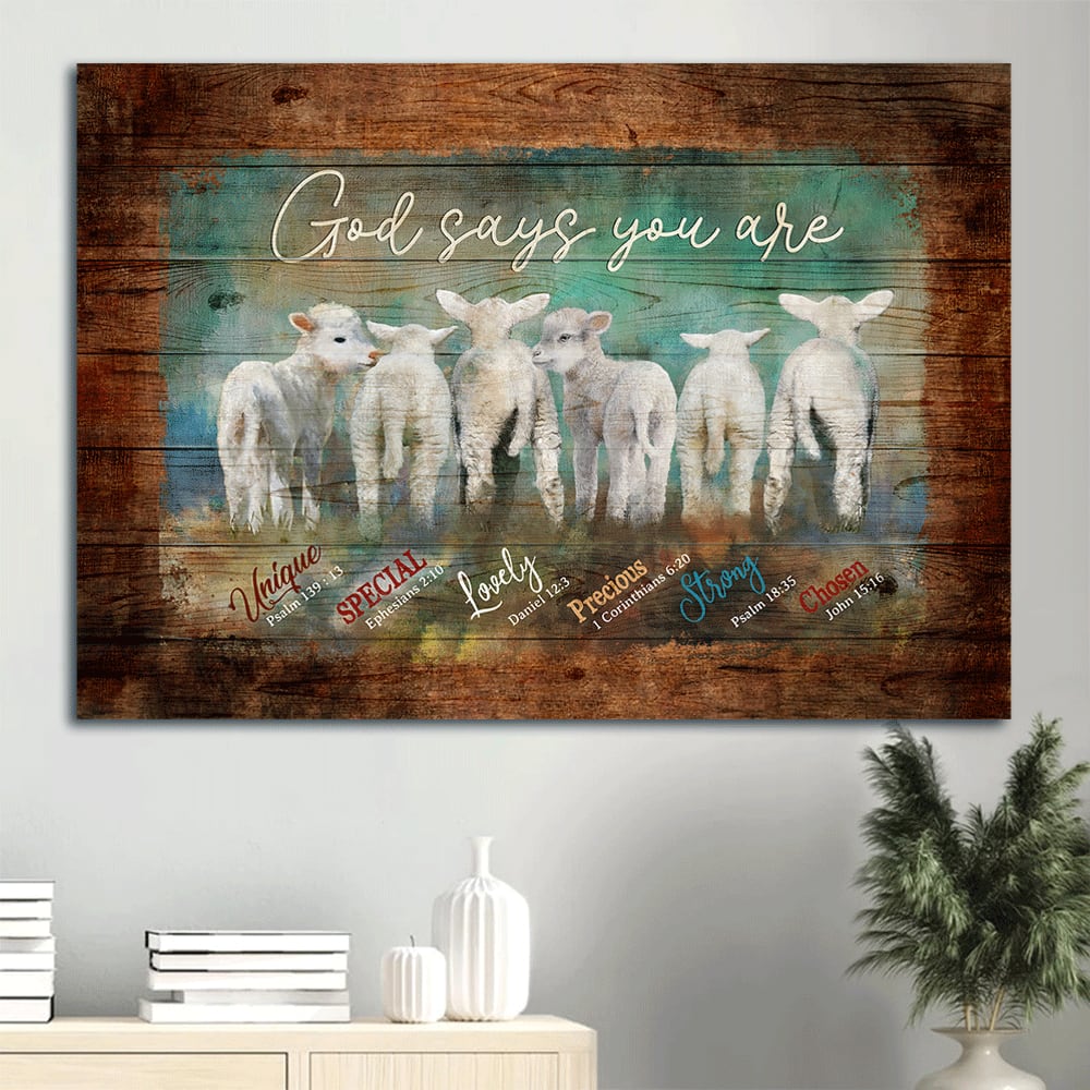 Adorable Baby Lambs God Says You Are Unique Canvas Wall Art – Christian Wall Decor