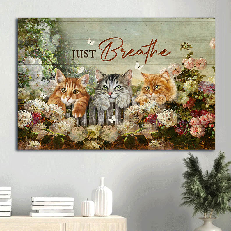 Adorable Cat Stunning Flower Garden Amazing White Butterfly Just Breathe Canvas Wall Art – Christian Wall Decor