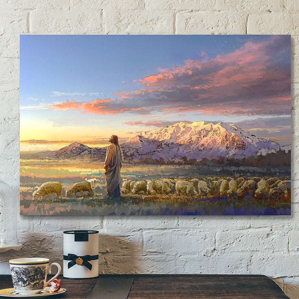 All His Majesty Canvas Poster – Jesus Christ With His Flock Of Sheep Painting