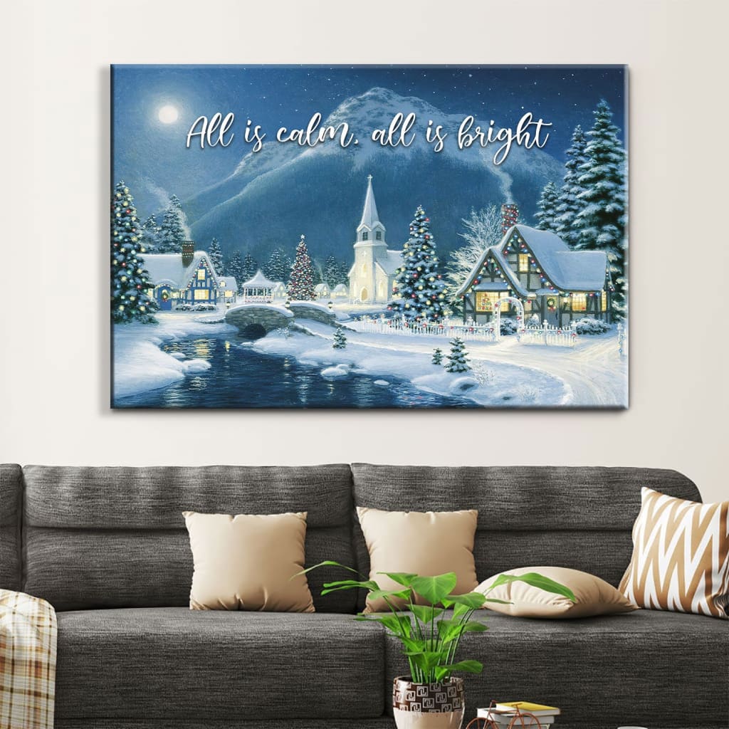 All Is Calm All Is Bright, Country Church Starry Night, Christmas Wall Art Canvas – Religious Wall Decor