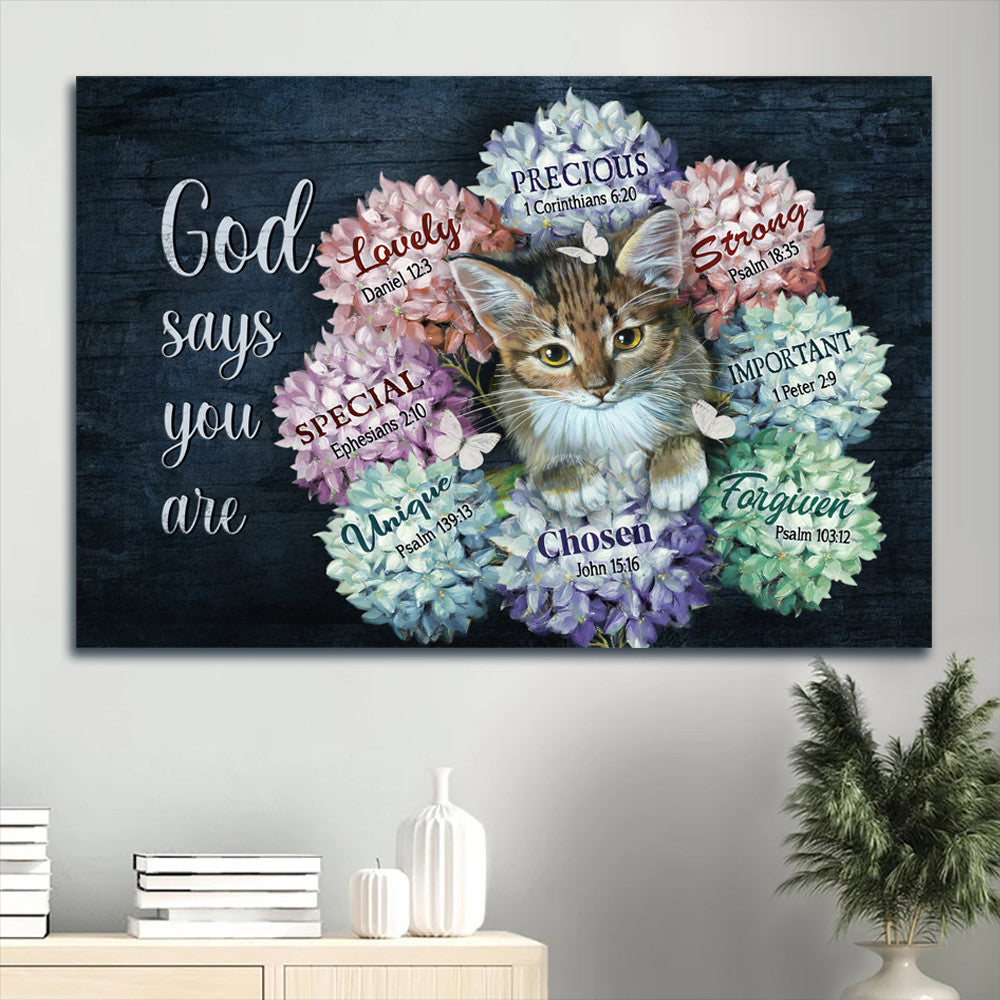 Amazing Cat Colorful Hydrangea Butterfly God Says You Are Canvas Wall Art – Christian Wall Decor