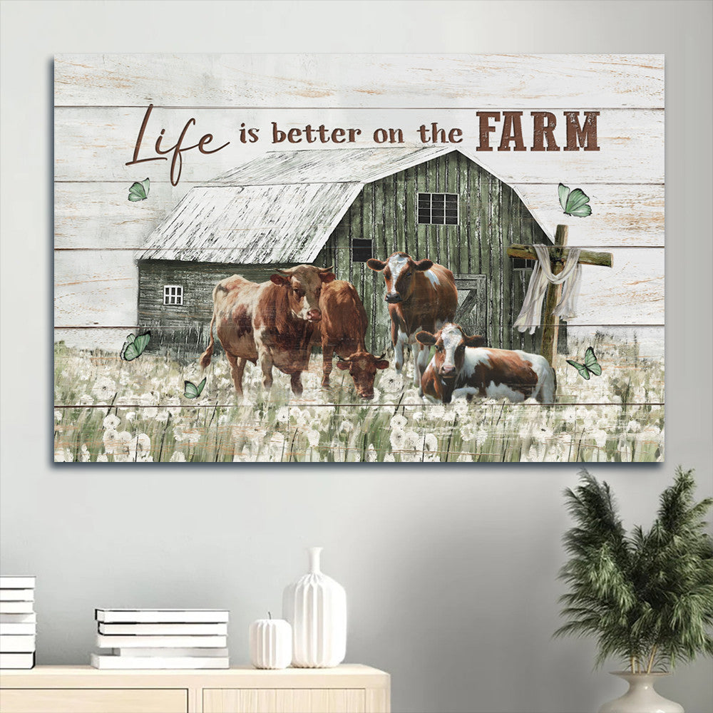 Amazing Cow Drawing Dandelion Field Old Barn Life Is Better On The Farm Canvas Wall Art – Christian Wall Decor