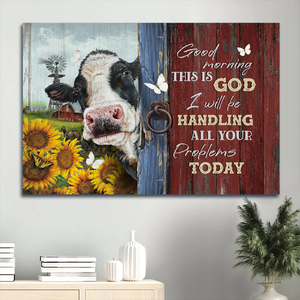 Amazing Dairy Cow Sunflower Garden White Butterfly Canvas Good Morning This Is God Canvas Wall Art – Christian Wall Decor