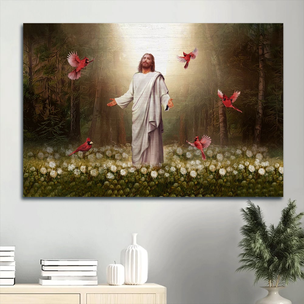 Amazing Forest Jesus Painting Pretty Cardinal Beautiful Dandelion Field Canvas Wall Art – Christian Wall Decor