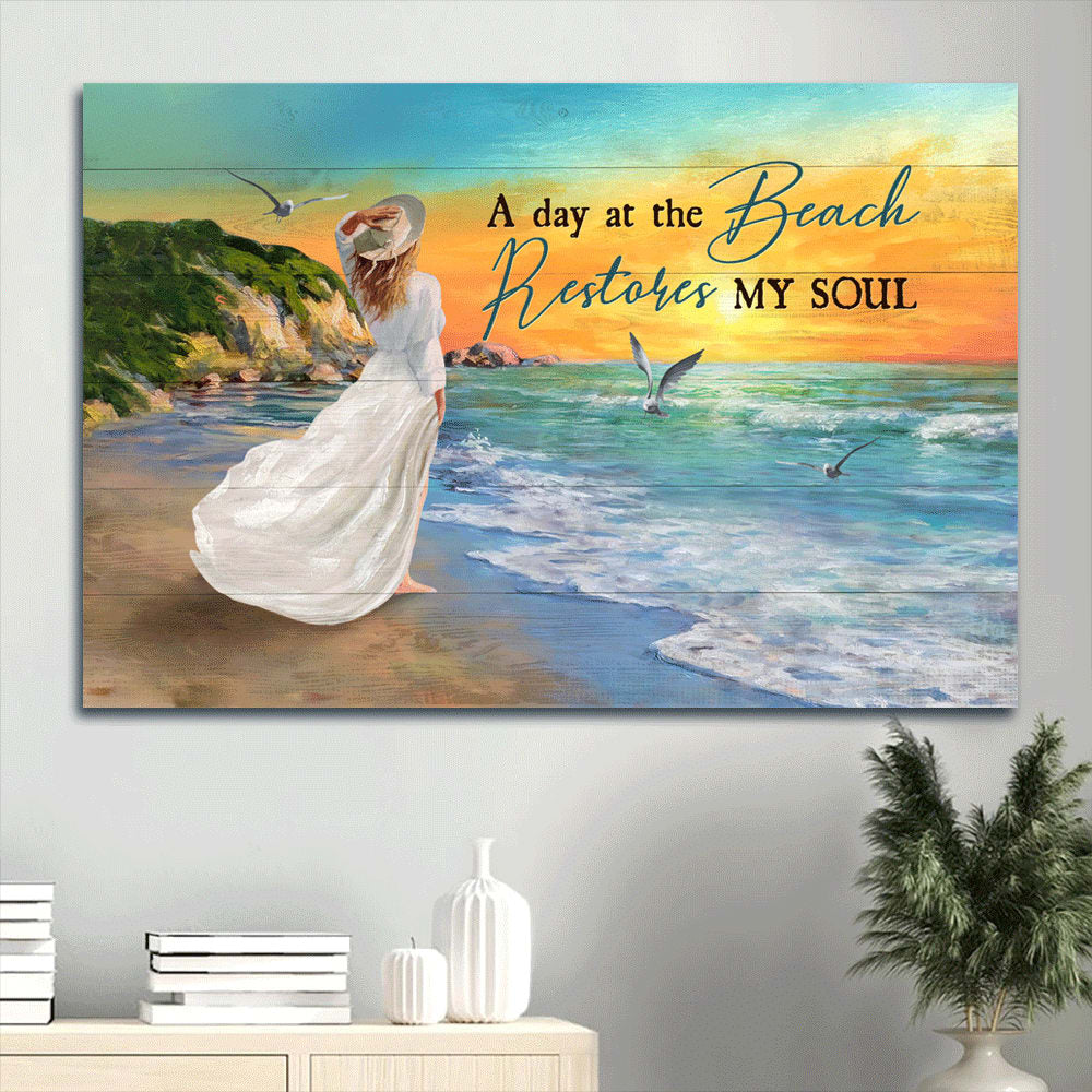 Amazing Girl Pretty Sunset Blue Beach A Day At The Beach Restores My Soul Canvas Wall Art – Christian Wall Decor