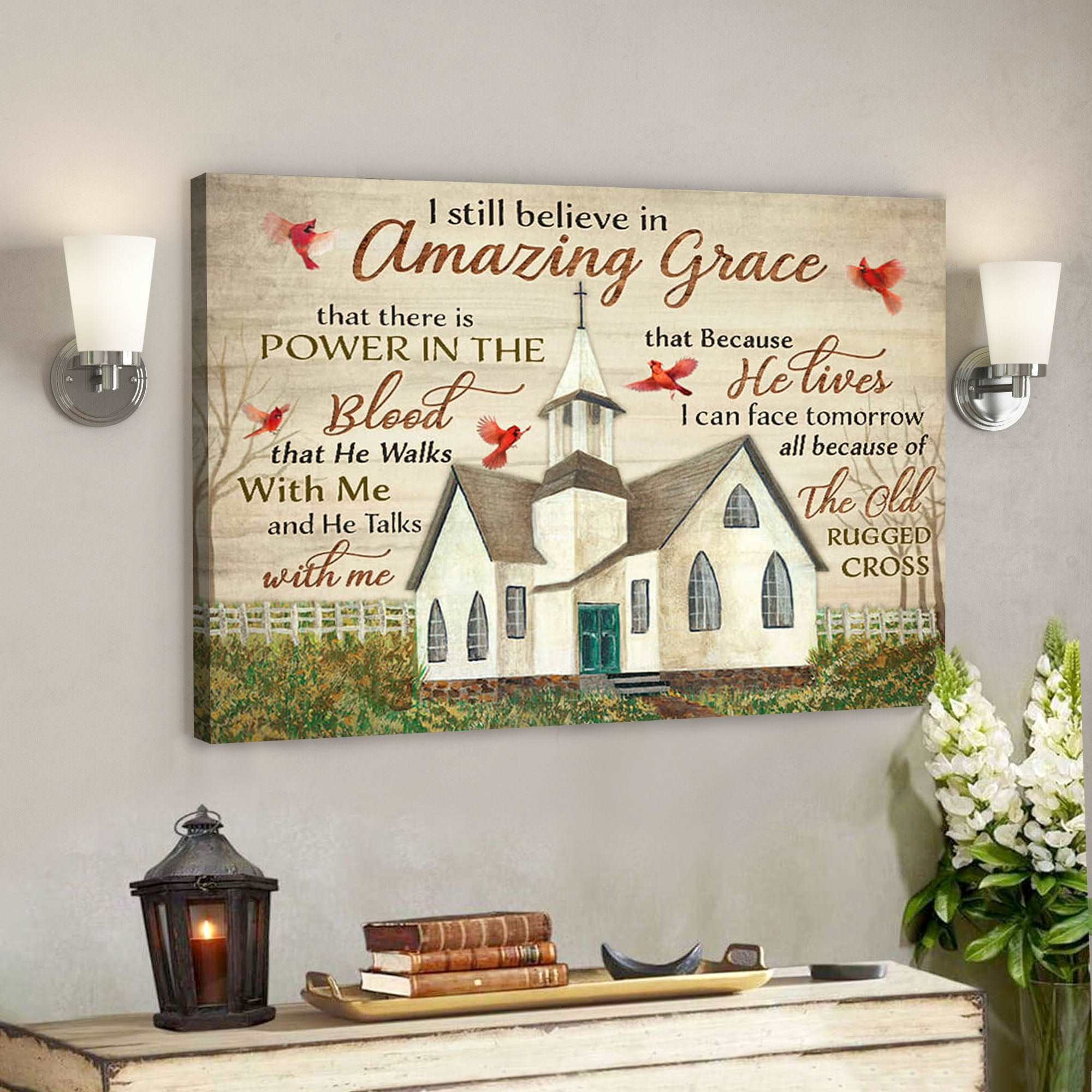 Amazing Grace Church And Cardinal – Bible Verse Canvas – Scripture Canvas Wall Art