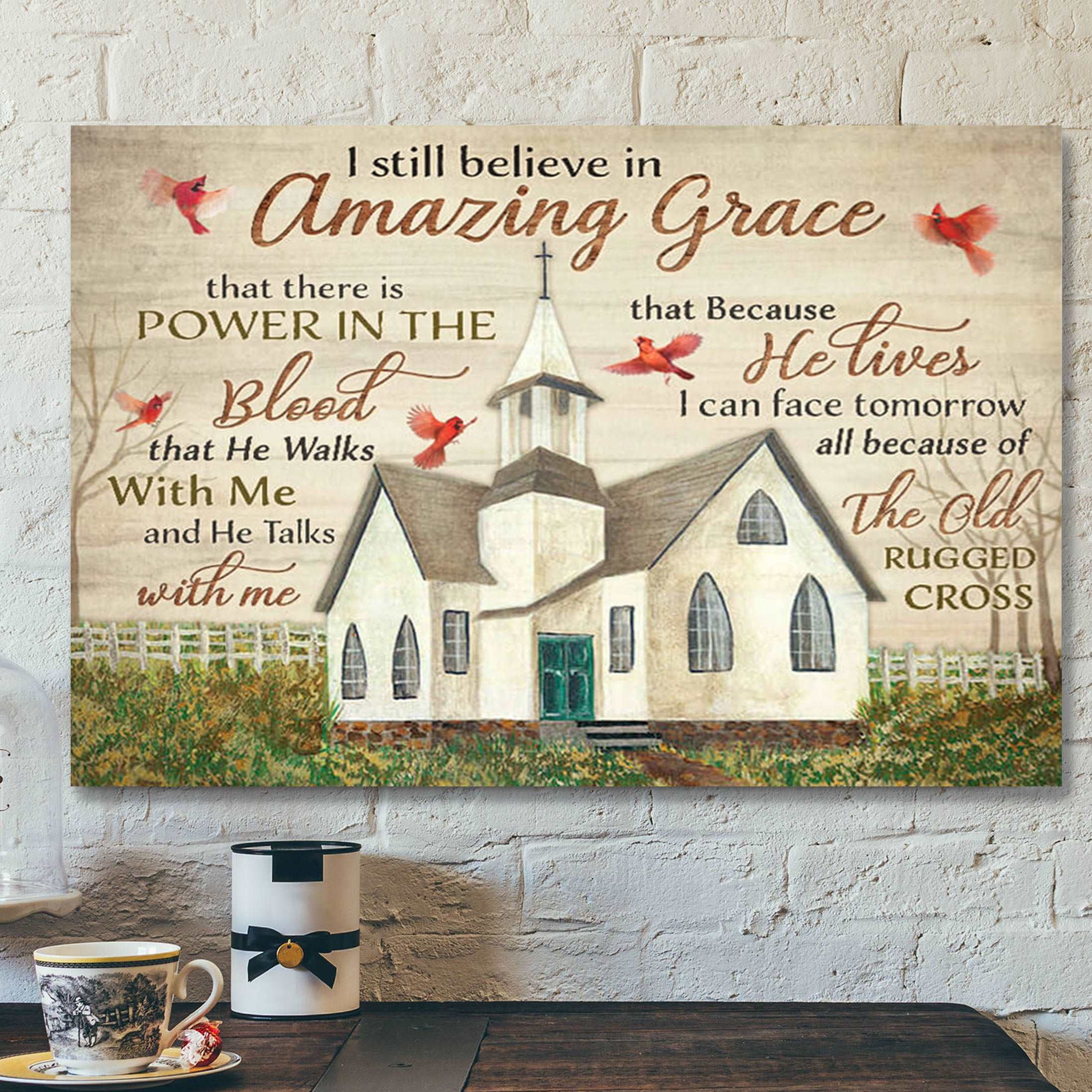 Amazing Grace Church And Cardinal – Bible Verse Canvas – Scripture Canvas Wall Art