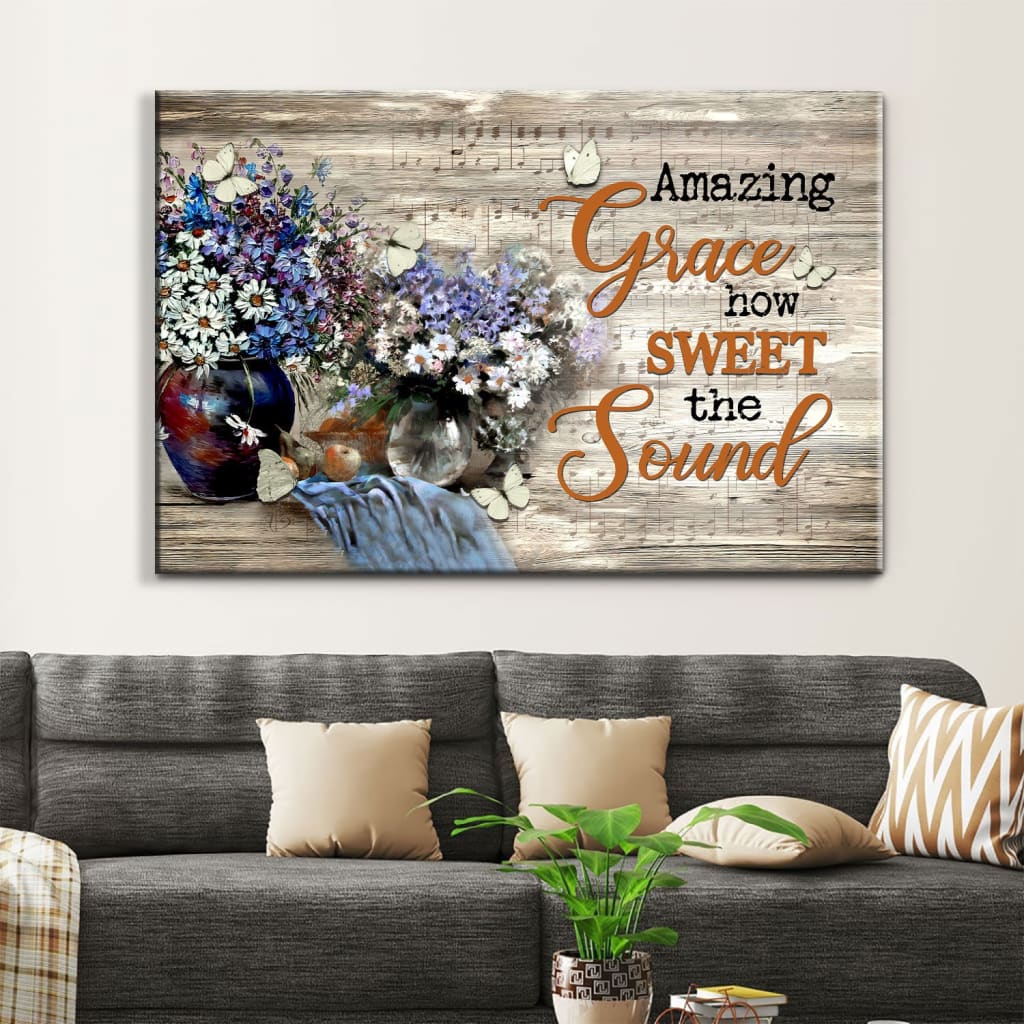 Amazing Grace Wall Art Amazing Grace How Sweet The Sound Daisy Butterfly Paintings Canvas – Religious Wall Decor