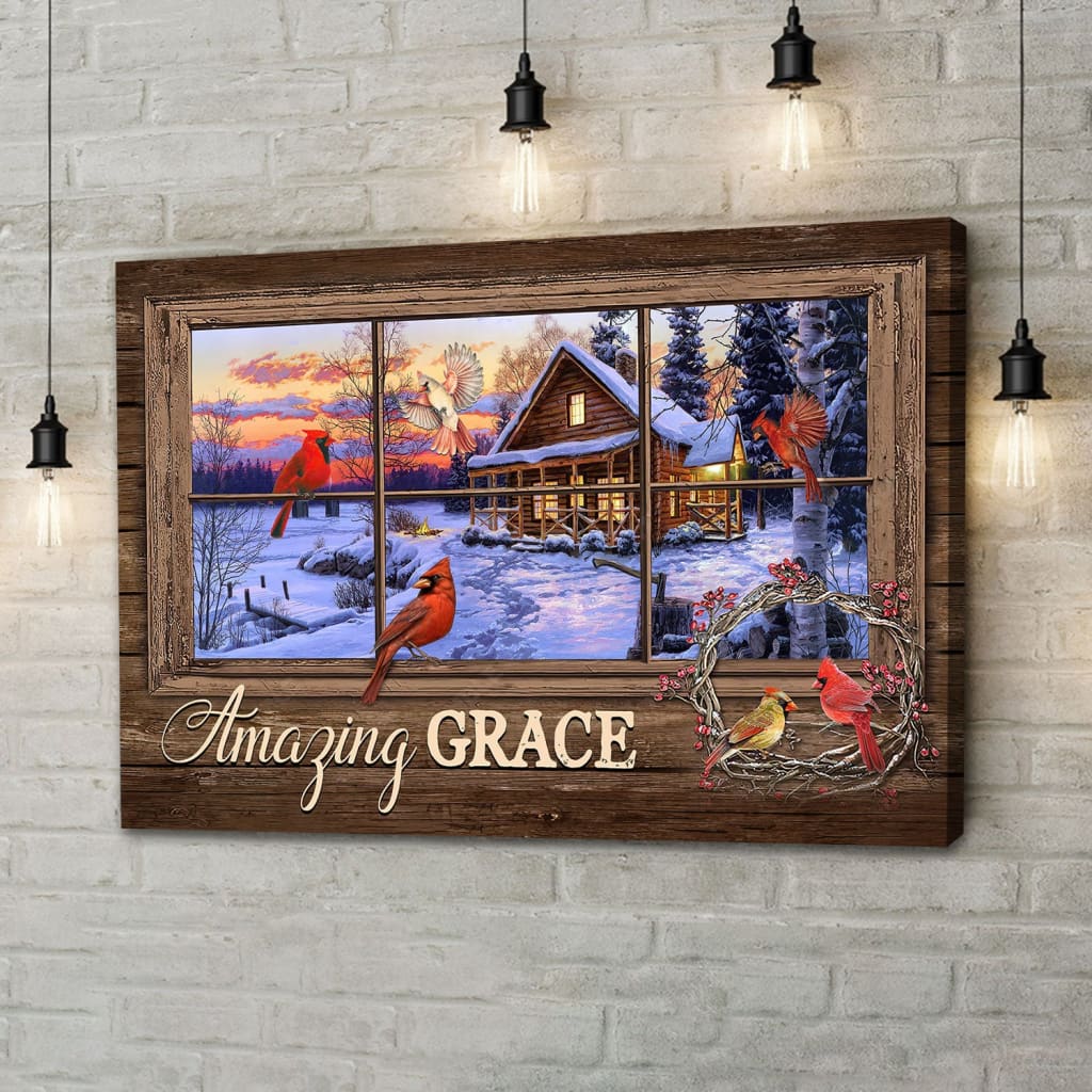 Amazing Grace Wall Art Canvas, Cardinal Birds, Christian Christmas Wall Decor – Religious Wall Decor