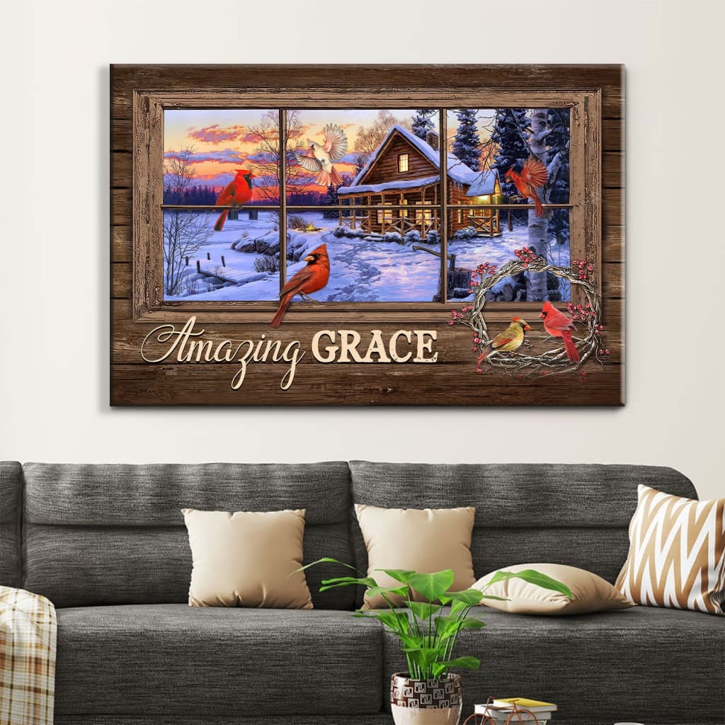 Amazing Grace Wall Art Canvas, Cardinal Birds, Christian Christmas Wall Decor – Religious Wall Decor