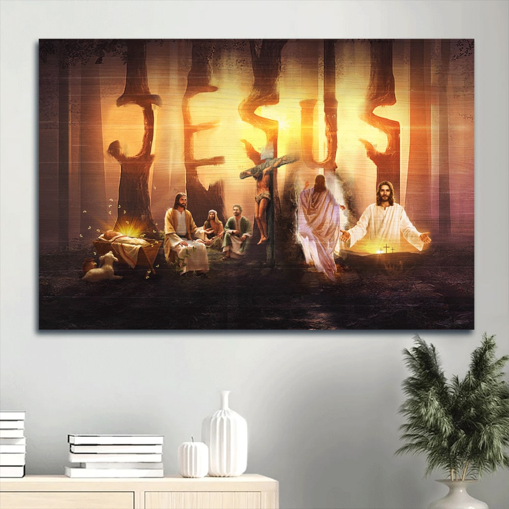 Amazing Halo Jesus On The Cross The Life Of Jesus Little Lamb Canvas Wall Art – Christian Wall Decor