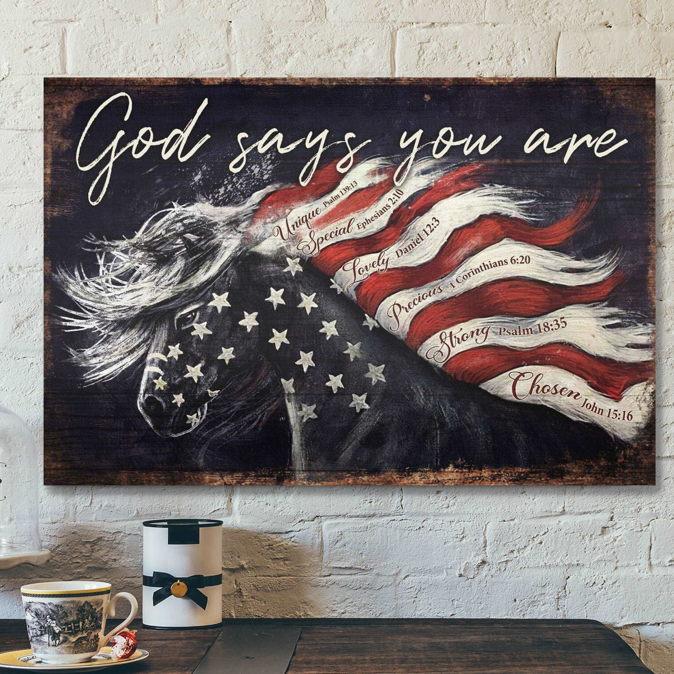 Amazing Horse And Flag – God Says You Are – Bible Verse Canvas – Scripture Canvas Wall Art