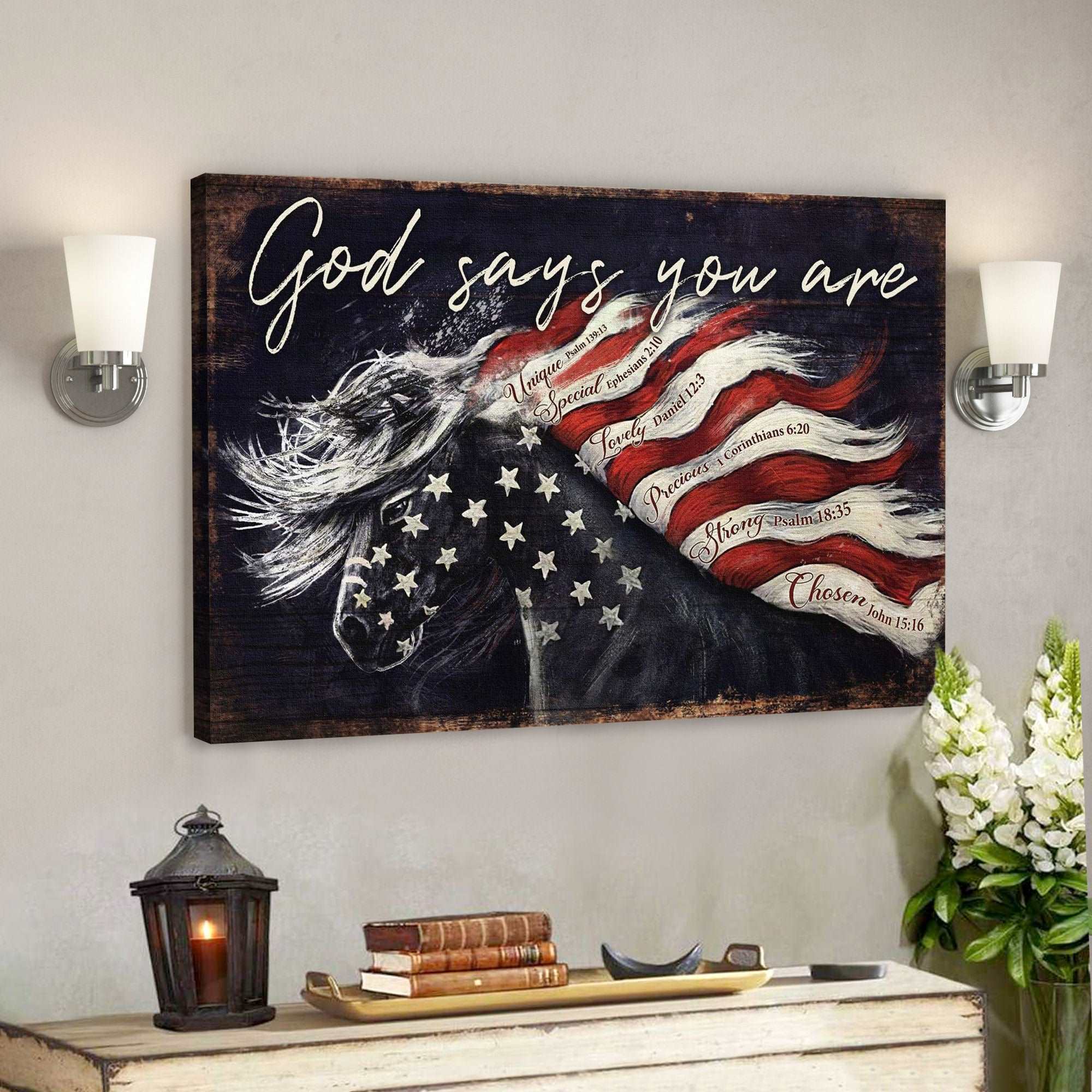 Amazing Horse And Flag – God Says You Are – Bible Verse Canvas – Scripture Canvas Wall Art