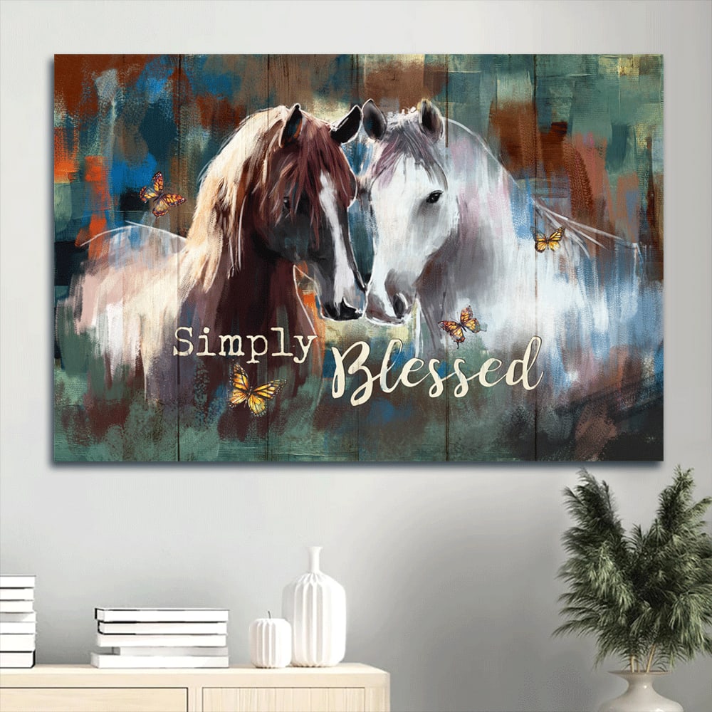 Amazing Horse Painting Watercolor Drawing Monarch Butterfly Simply Blessed Canvas Wall Art – Christian Wall Decor