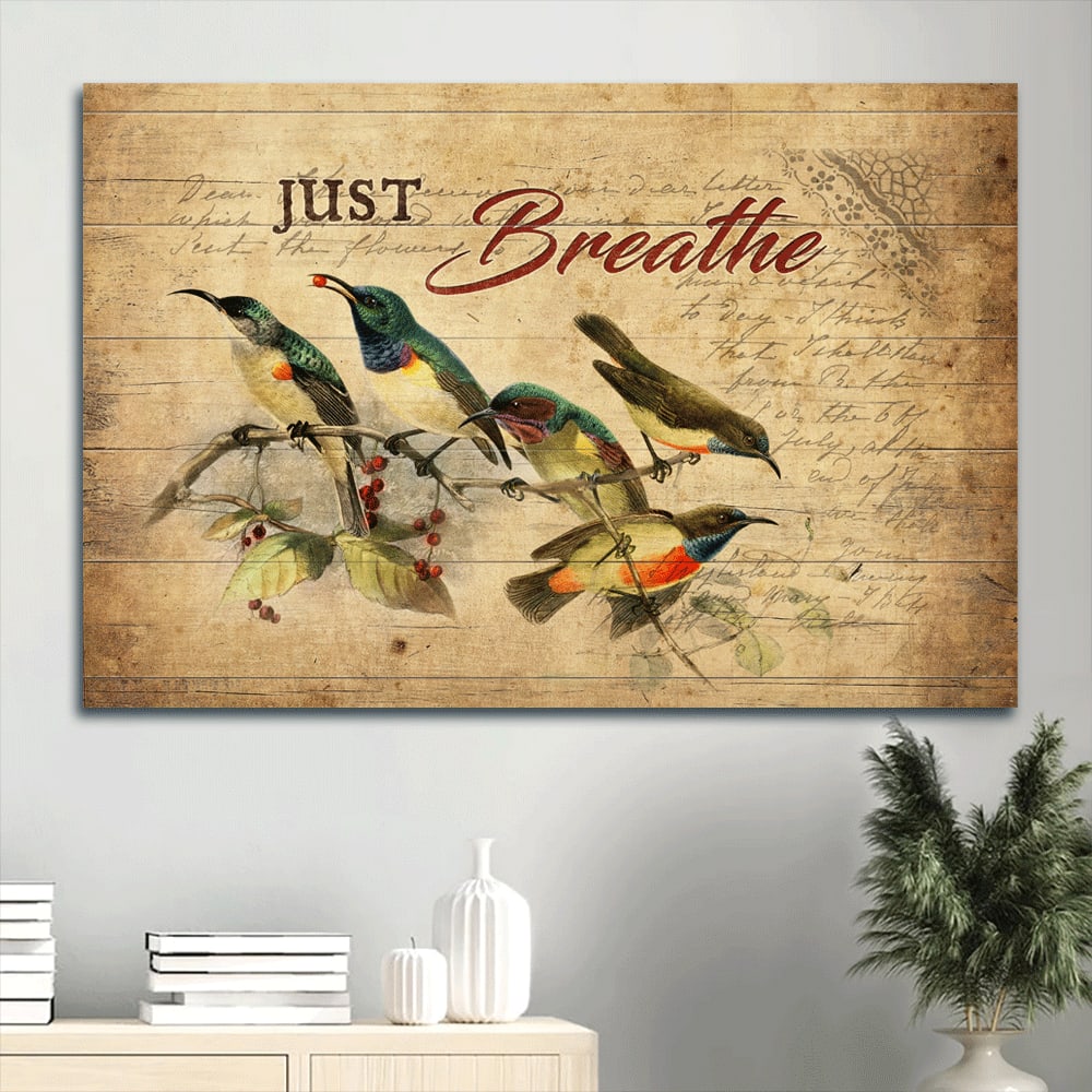 Amazing Hummingbird Cranberry Tree Just Breathe Canvas Wall Art – Christian Wall Decor