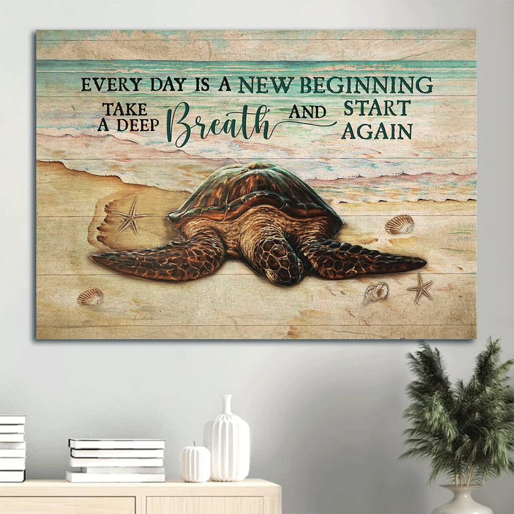 Amazing Turtle Drawing Beach Painting Every Day Is A New Beginning Canvas Wall Art – Christian Wall Decor