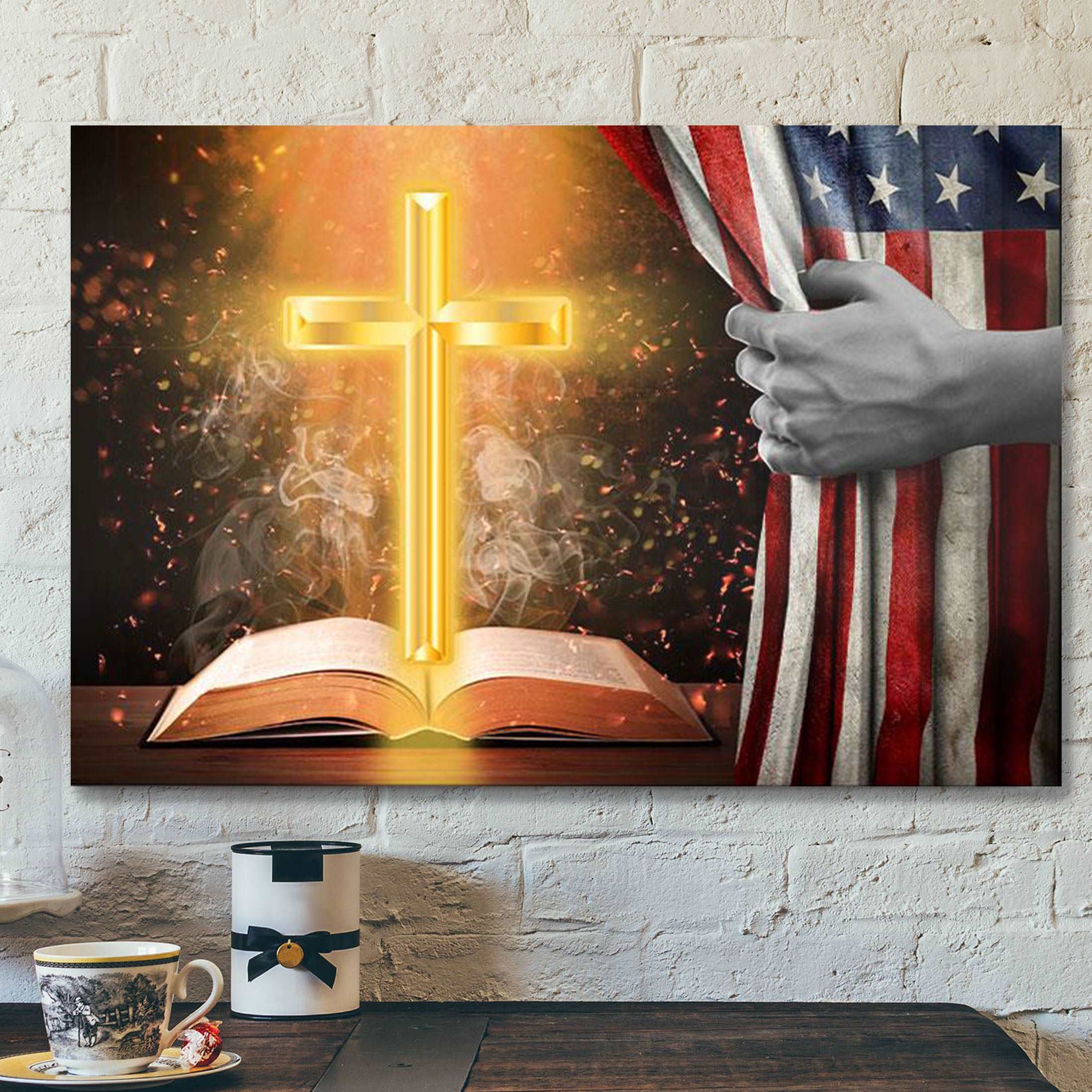 America Flag Cross Christian – Bible Verse Canvas – Scripture Canvas Wall Art