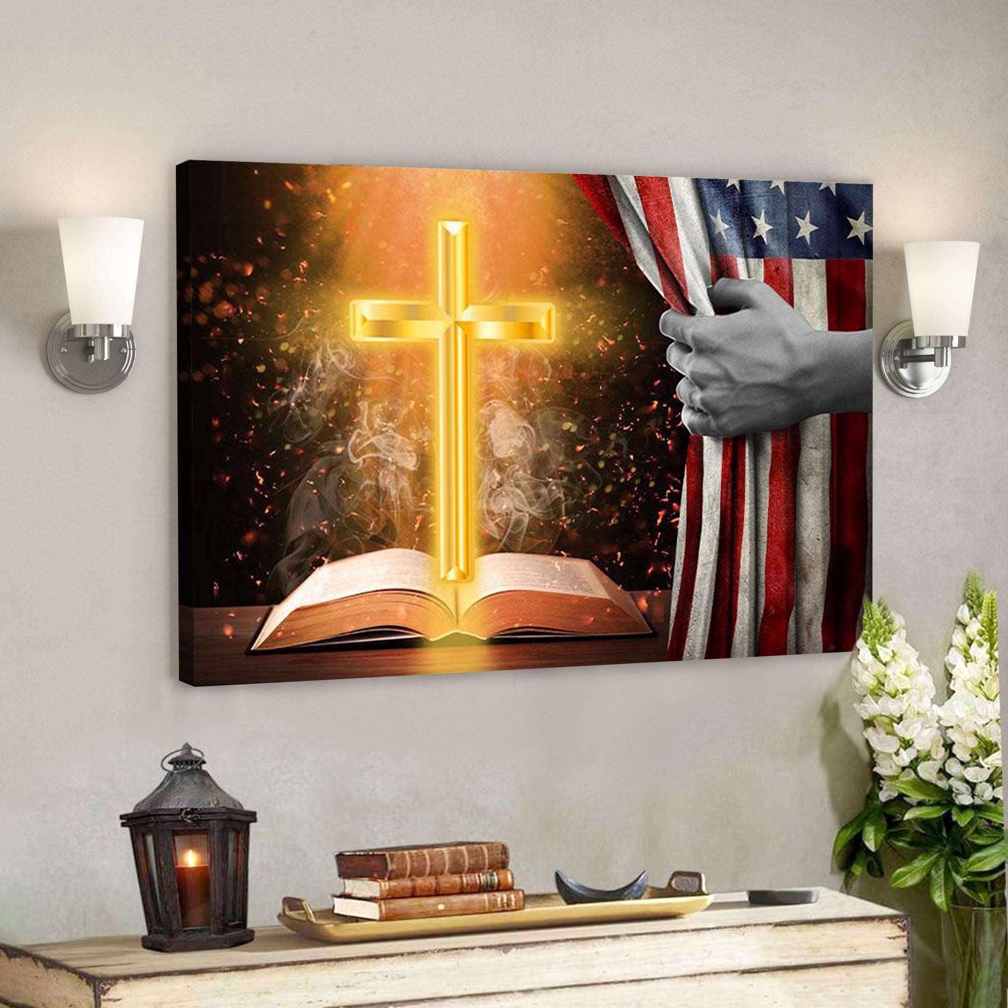 America Flag Cross Christian – Bible Verse Canvas – Scripture Canvas Wall Art