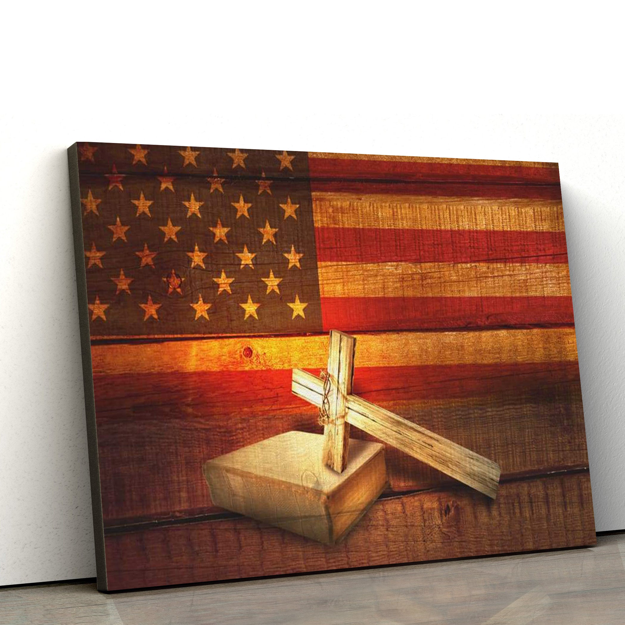 American Flag With Cross Holy Bible Canvas Print Christian Wall Art – Religious Posters