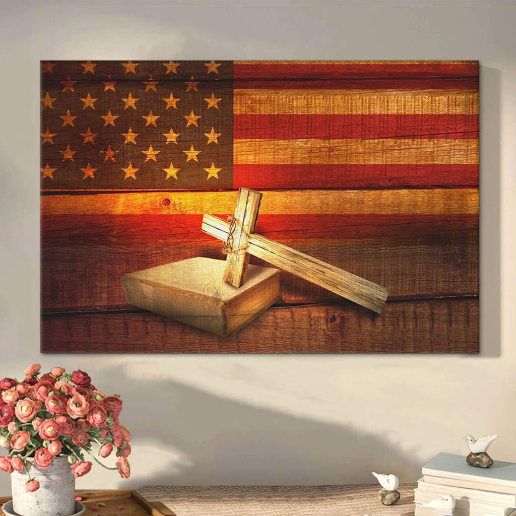 American Flag With Cross Holy Bible Canvas Print Christian Wall Art – Religious Posters