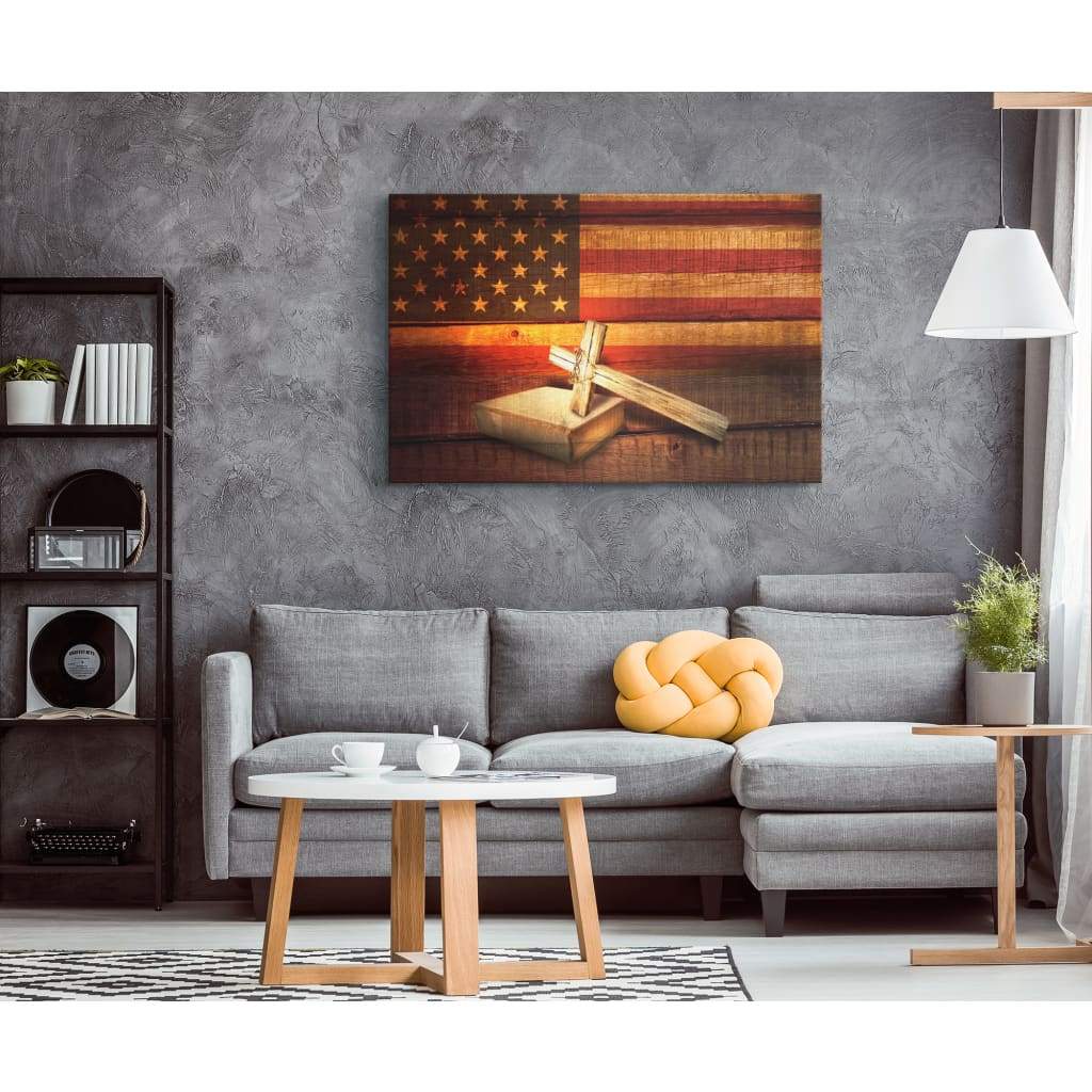 American Flag With Cross Holy Bible Canvas Print – Christian Wall Art – Religious Wall Decor