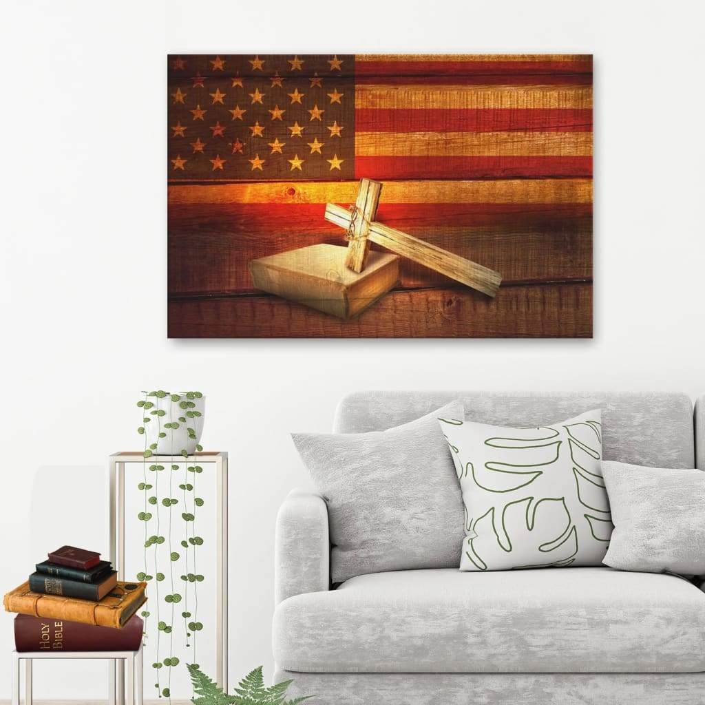 American Flag With Cross Holy Bible Canvas Print – Christian Wall Art – Religious Wall Decor