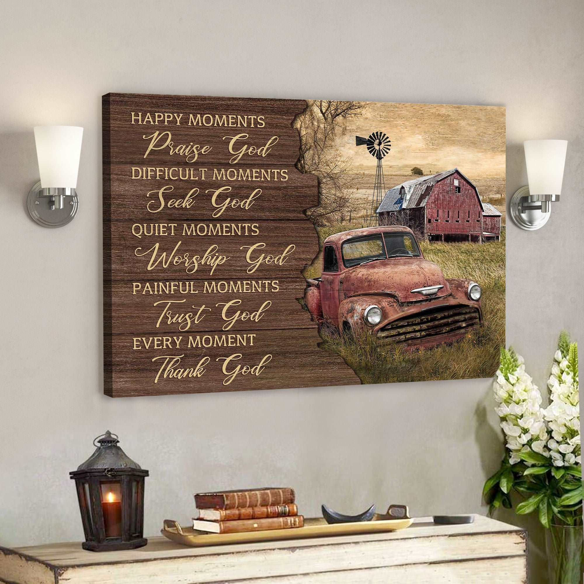 An Old Red Car – Every Moment Thank God Canvas Wall Art – Bible Verse Canvas – Scripture Canvas Wall Art