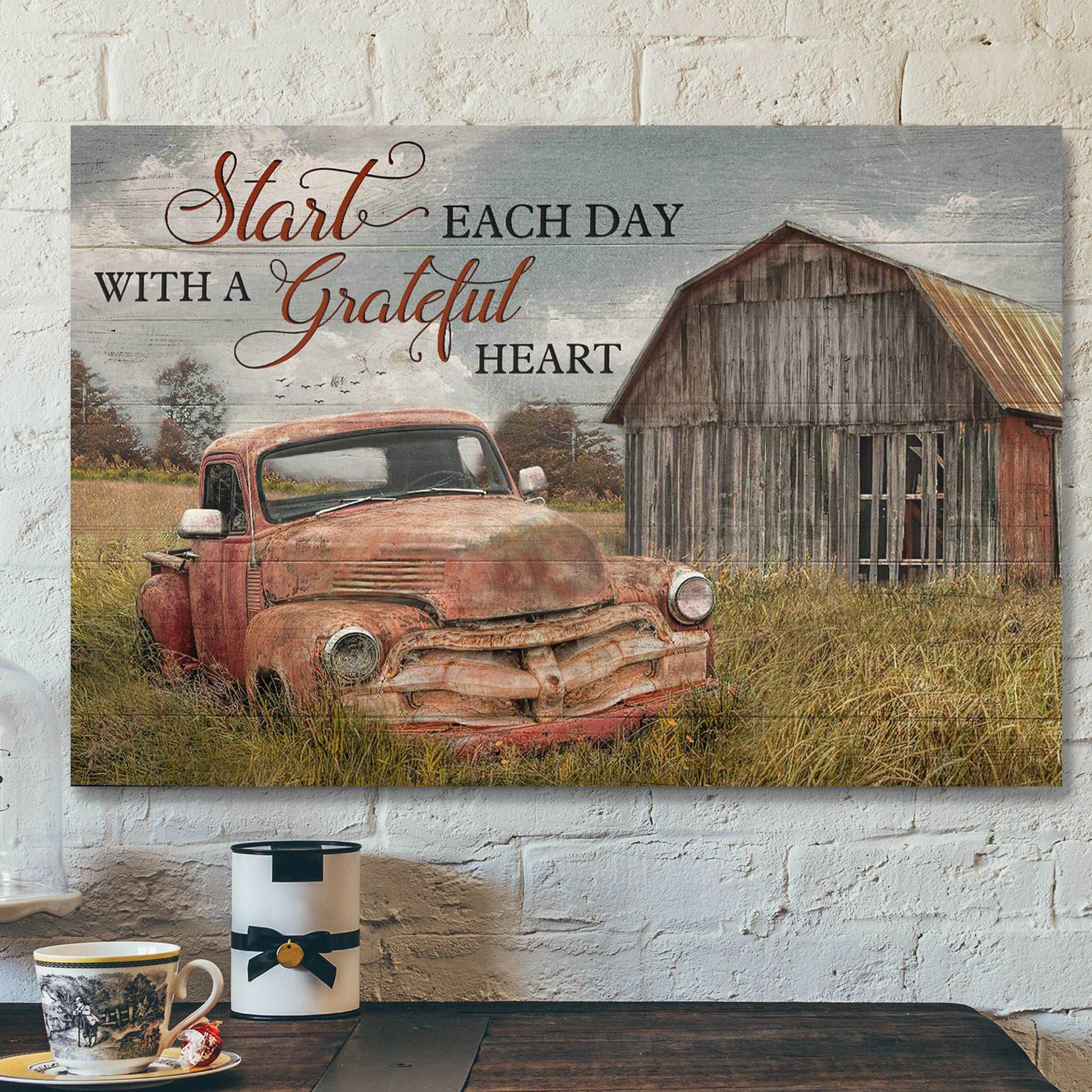 An Old Red Car – Start Each Day With Grateful Heart Canvas Wall Art – Bible Verse Canvas – Scripture Canvas Wall Art