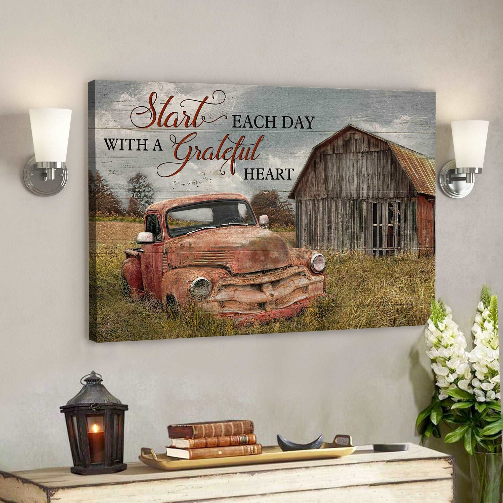 An Old Red Car – Start Each Day With Grateful Heart Canvas Wall Art – Bible Verse Canvas – Scripture Canvas Wall Art