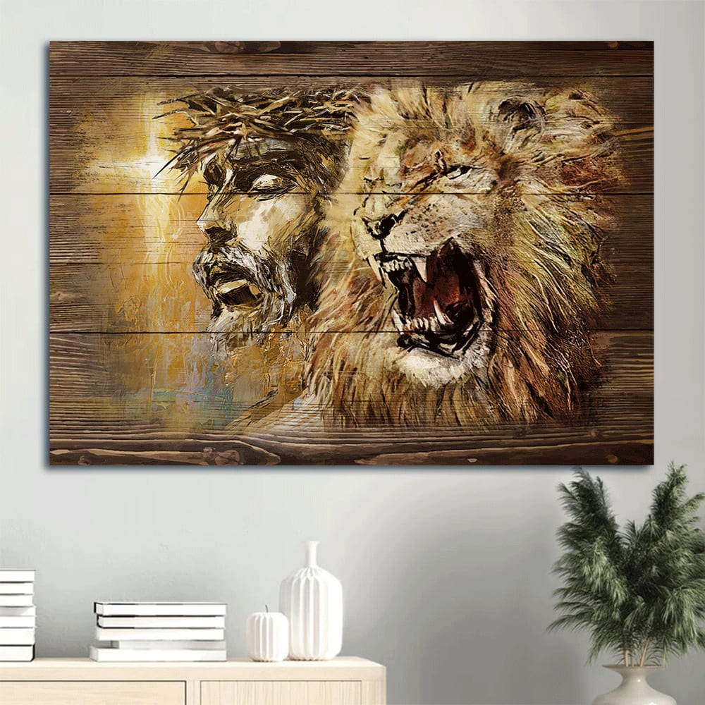 Angry Lion Stunning Jesus Face Yellow Background Canvas Wall Art – Christian Wall Decor